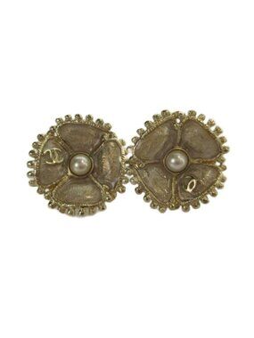 Chanel Stud Earrings Clover CC Logo Faux Pearl Champagne Gold Color MQ AA
